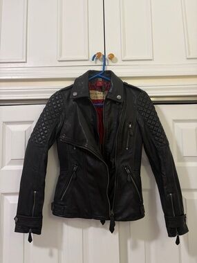 Burberry Black Quilted Shoulder Leather Moto Jacket with Red Lining